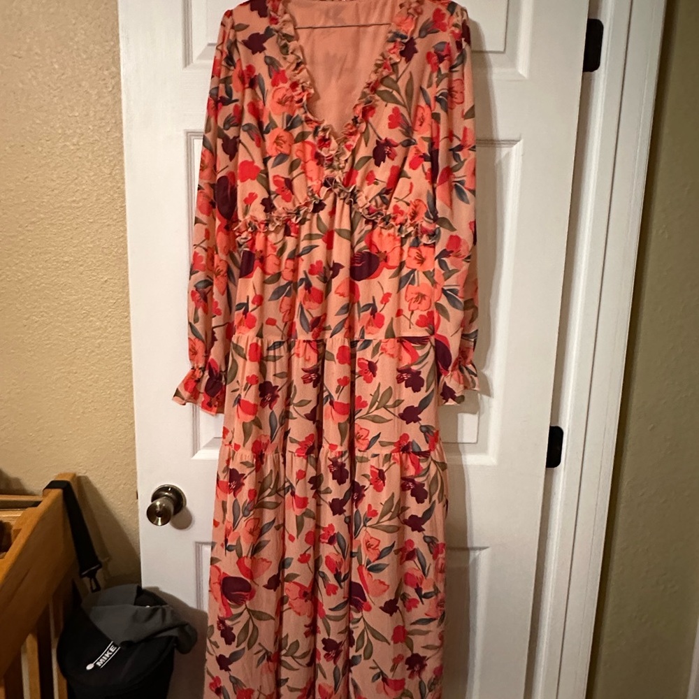 Floral V-Neck Maxi Dress - Pink and Red